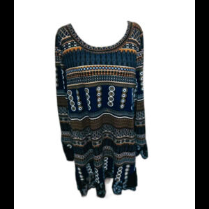 Women's Reborn Blue Brown Print Asymmetrical Hem Dress - Size 1XL